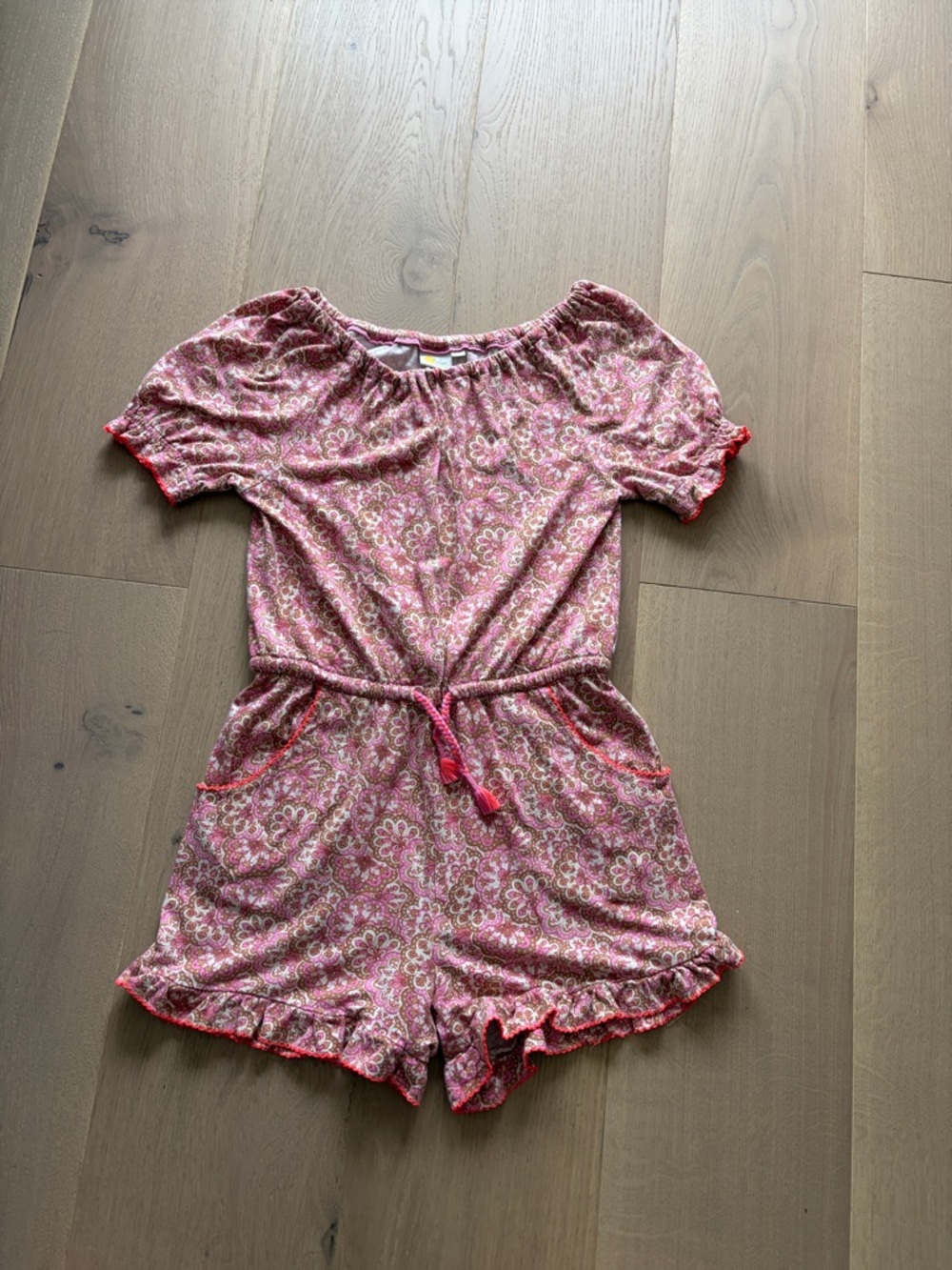 Boden Pink Floral Knit Romper with Drawstring Waist